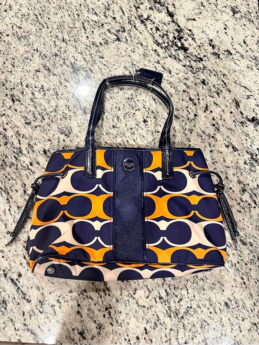 Coach Signature Satchel Pocket Nylon Tote Orange & Blue